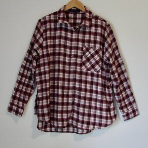 Flannel Shirt Tunic Western Cowgirl Top Burgundy Red White Plaid Oversized Large